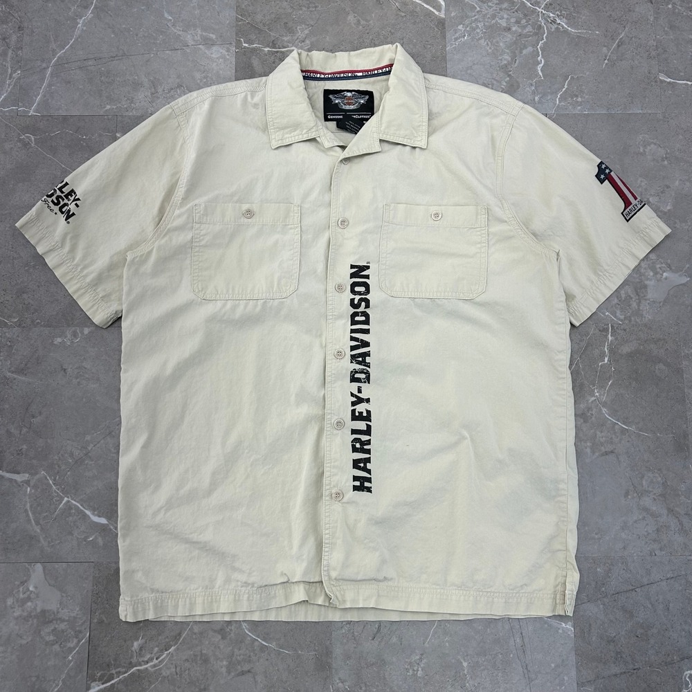 Harley Davidson Button Up Shirt Mens Large Short Sleeve Eagle Flag Constitution - Picture 2 of 8